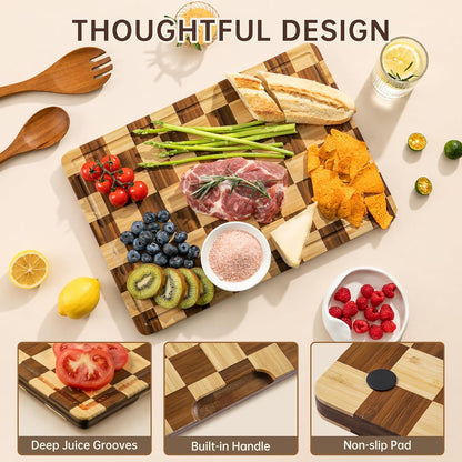 Bamboo Cutting Boards for Kitchen, Checkered Wooden Cutting Board with Juice Groove, Non Slip, Non Toxic Serving Tray, Thick Large Chopping Board Gift for Home Chef, 16.5” x 11.6” x 0.8”