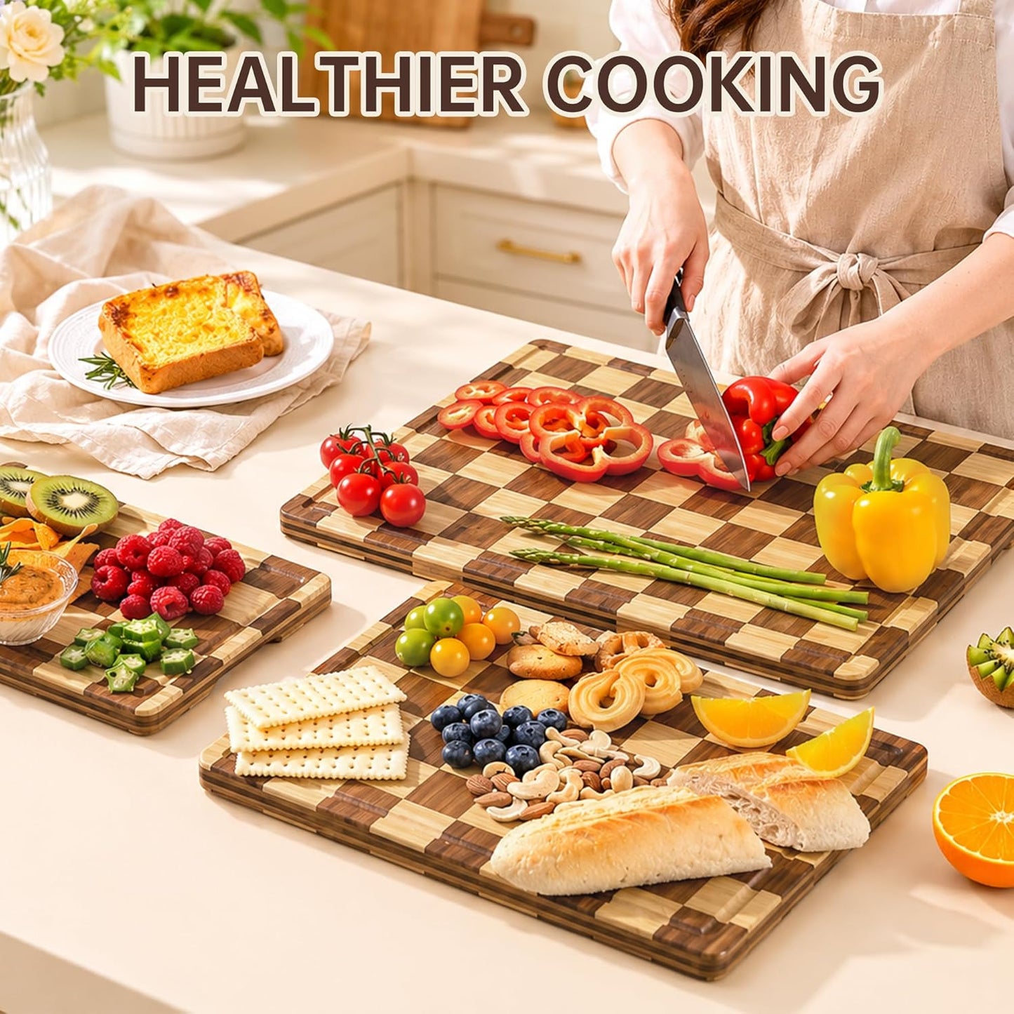 Bamboo Cutting Boards for Kitchen, Checkered Wooden Cutting Board with Juice Groove, Non Slip, Non Toxic Serving Tray, Thick Large Chopping Board Gift for Home Chef, 16.5” x 11.6” x 0.8”