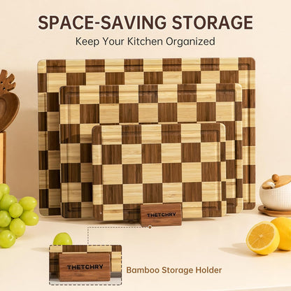 Bamboo Cutting Boards for Kitchen, Checkered Wooden Cutting Board with Juice Groove, Non Slip, Non Toxic Serving Tray, Thick Large Chopping Board Gift for Home Chef, 16.5” x 11.6” x 0.8”