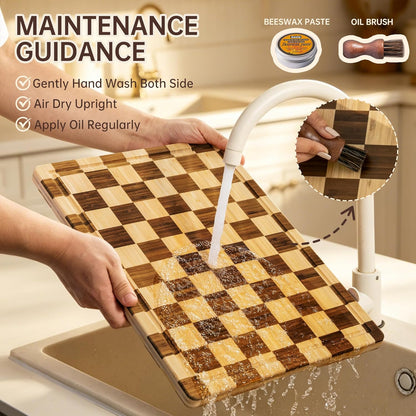 Bamboo Cutting Boards for Kitchen, Checkered Wooden Cutting Board with Juice Groove, Non Slip, Non Toxic Serving Tray, Thick Large Chopping Board Gift for Home Chef, 16.5” x 11.6” x 0.8”