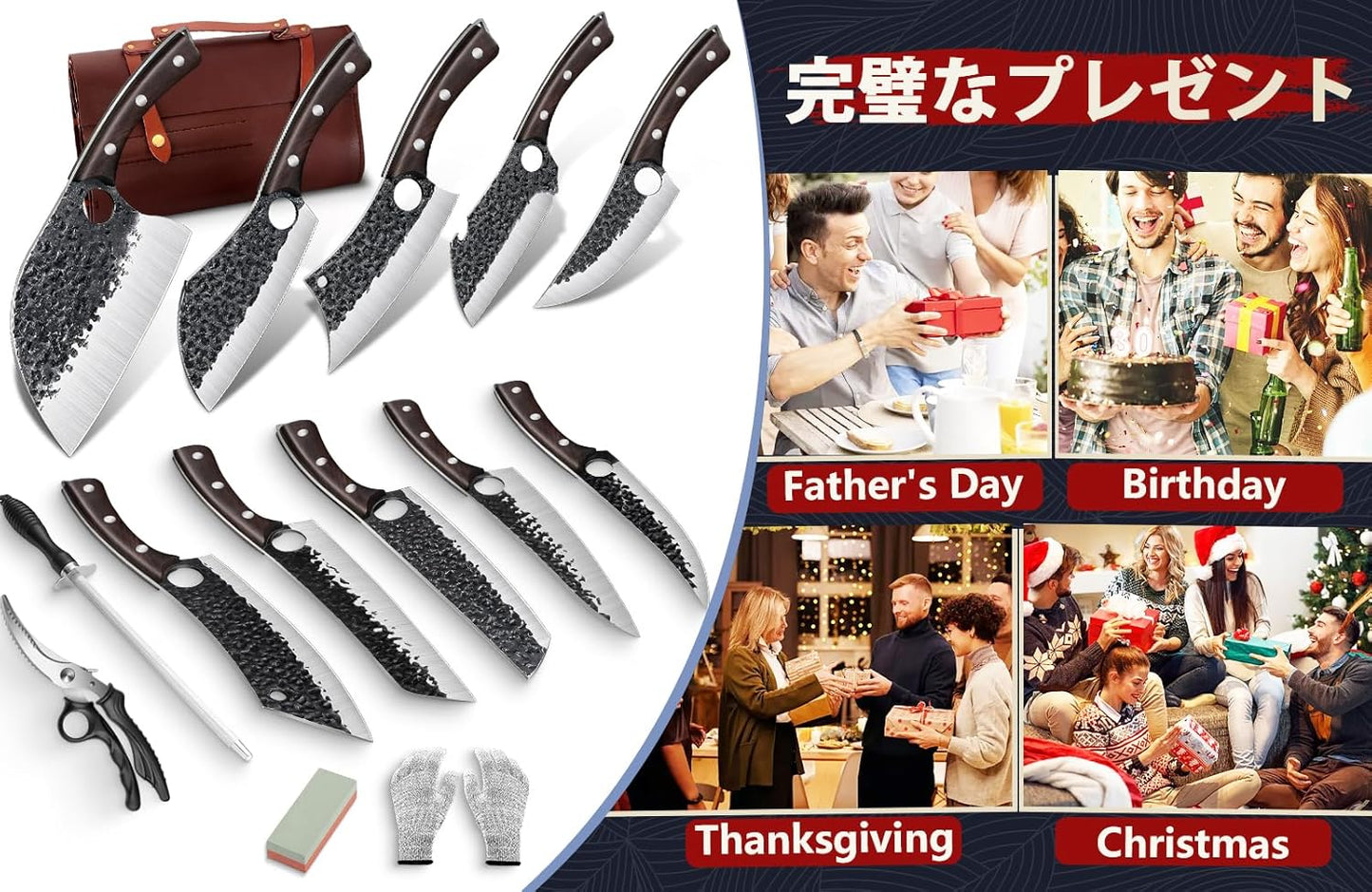 DRGSKL Serbian Chef Knife Set - 10 PCS Hand Forged Knife Set with Bag | Japanese ATS-34 Steel, Hand Forged Full Tang Knife, Ebony Handle, Anti-stick Pounding Texture, Full Accessory Kit, Ideal Gift