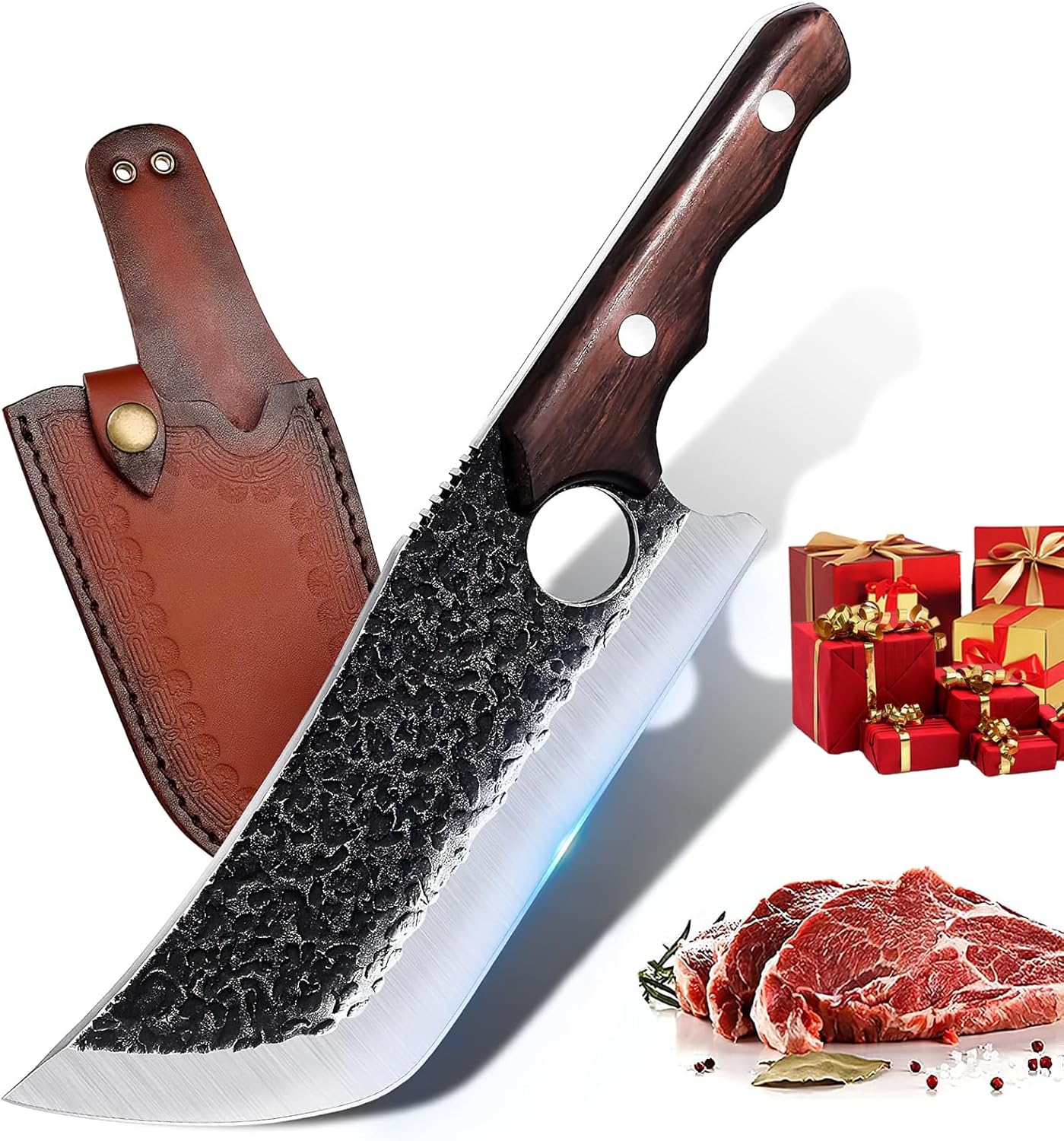 DRGSKL Serbian Chef Knife Set - 10 PCS Hand Forged Knife Set with Bag | Japanese ATS-34 Steel, Hand Forged Full Tang Knife, Ebony Handle, Anti-stick Pounding Texture, Full Accessory Kit, Ideal Gift