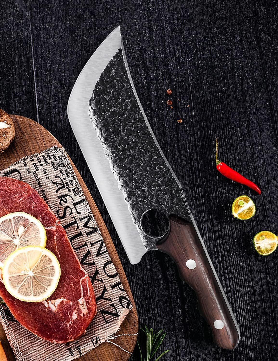 DRGSKL Serbian Chef Knife Set - 10 PCS Hand Forged Knife Set with Bag | Japanese ATS-34 Steel, Hand Forged Full Tang Knife, Ebony Handle, Anti-stick Pounding Texture, Full Accessory Kit, Ideal Gift
