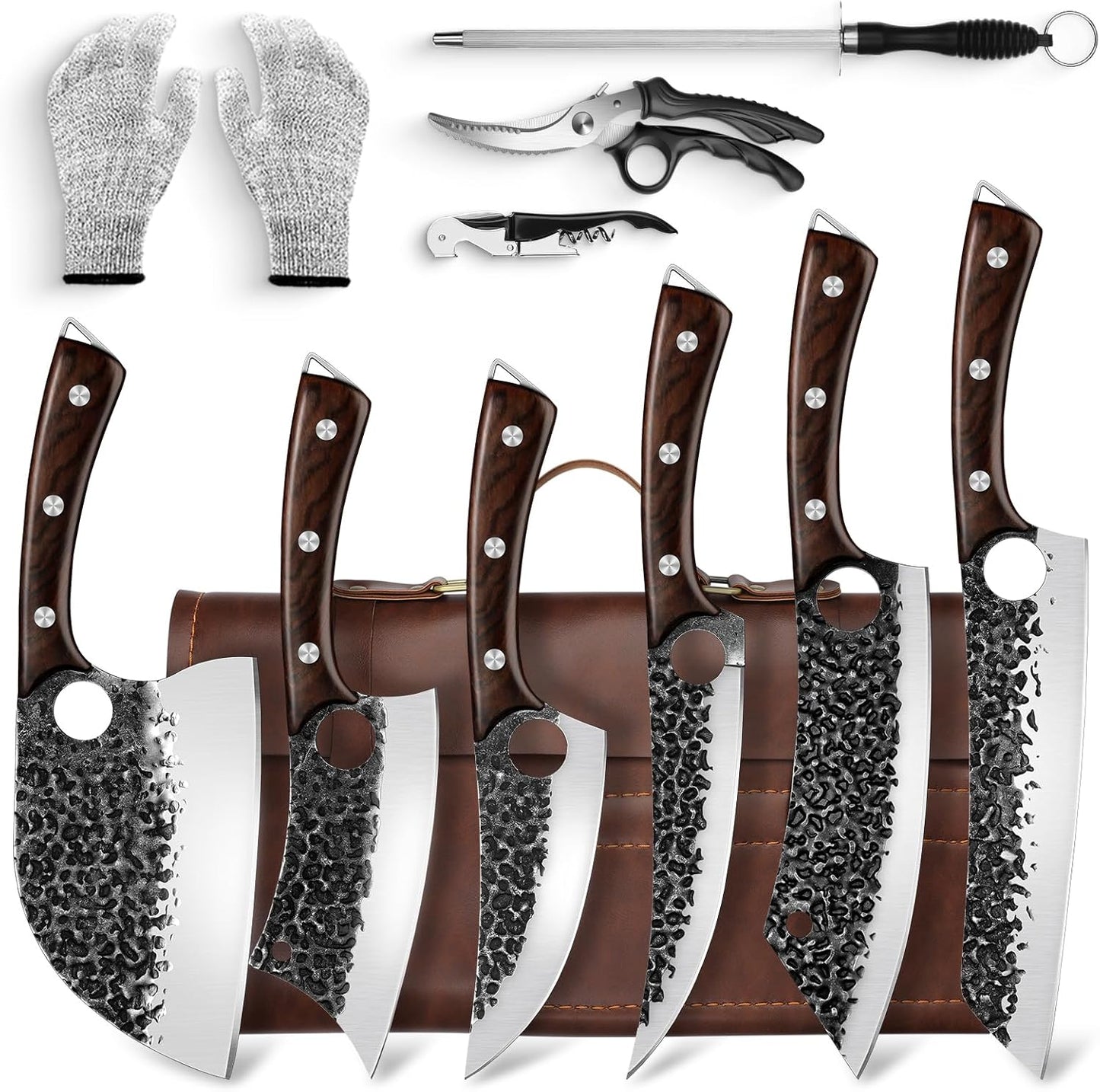 DRGSKL Serbian Chef Knife Set - 10 PCS Hand Forged Knife Set with Bag | Japanese ATS-34 Steel, Hand Forged Full Tang Knife, Ebony Handle, Anti-stick Pounding Texture, Full Accessory Kit, Ideal Gift