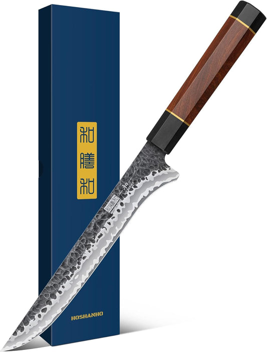 7 Inch Fillet Knife, Razor Sharp Hand Forged Boning Knife | 9 Layers 10Cr15MoV High Carbon Steel Fish Knife, Professional Filet Knives for Meat and Poultry, Octagonal Rosewood Handle