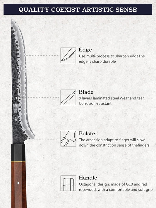 7 Inch Fillet Knife, Razor Sharp Hand Forged Boning Knife | 9 Layers 10Cr15MoV High Carbon Steel Fish Knife, Professional Filet Knives for Meat and Poultry, Octagonal Rosewood Handle