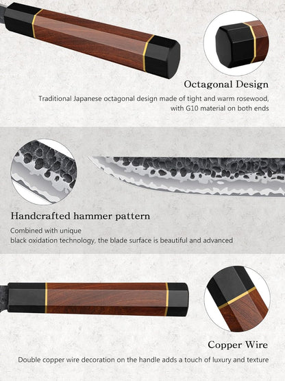 7 Inch Fillet Knife, Razor Sharp Hand Forged Boning Knife | 9 Layers 10Cr15MoV High Carbon Steel Fish Knife, Professional Filet Knives for Meat and Poultry, Octagonal Rosewood Handle