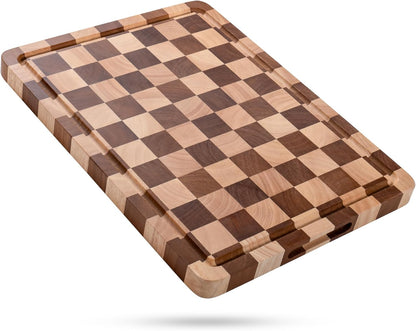 Checkered Cutting Board for Kitchen - Wood Thick Checkerboard End Grain Chopping Board with Handle & Juice Groove, Double Sided for Cooking, Serving and Decor, Rectangular 16" x 12" x 1"