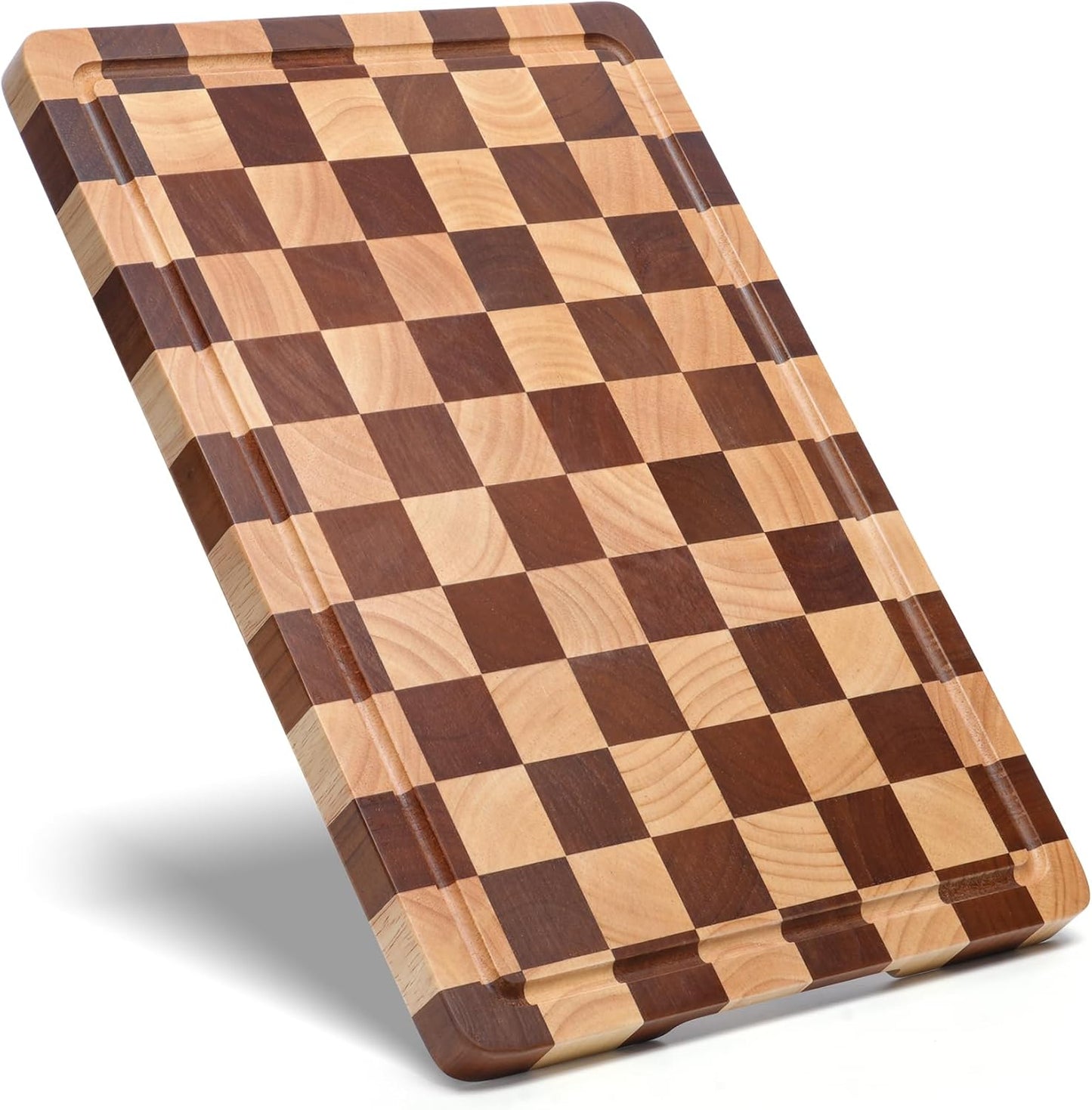 Checkered Cutting Board for Kitchen - Wood Thick Checkerboard End Grain Chopping Board with Handle & Juice Groove, Double Sided for Cooking, Serving and Decor, Rectangular 16" x 12" x 1"