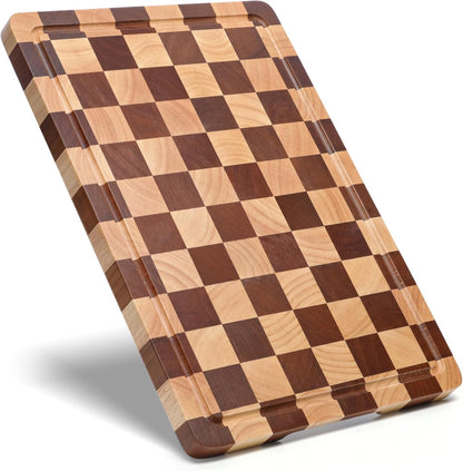 Checkered Cutting Board for Kitchen - Wood Thick Checkerboard End Grain Chopping Board with Handle & Juice Groove, Double Sided for Cooking, Serving and Decor, Rectangular 16" x 12" x 1"