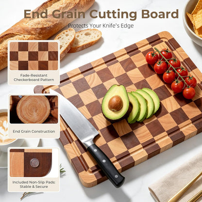 Checkered Cutting Board for Kitchen - Wood Thick Checkerboard End Grain Chopping Board with Handle & Juice Groove, Double Sided for Cooking, Serving and Decor, Rectangular 16" x 12" x 1"