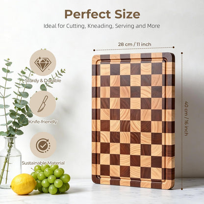 Checkered Cutting Board for Kitchen - Wood Thick Checkerboard End Grain Chopping Board with Handle & Juice Groove, Double Sided for Cooking, Serving and Decor, Rectangular 16" x 12" x 1"