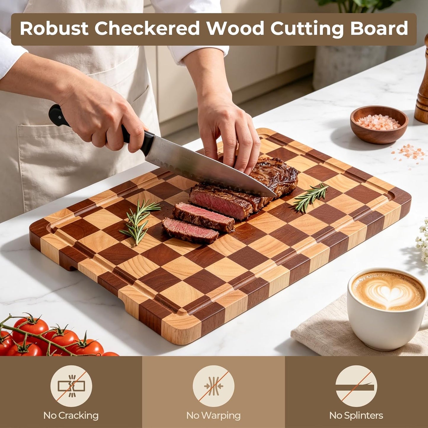 Checkered Cutting Board for Kitchen - Wood Thick Checkerboard End Grain Chopping Board with Handle & Juice Groove, Double Sided for Cooking, Serving and Decor, Rectangular 16" x 12" x 1"