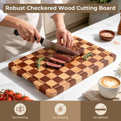 Checkered Cutting Board for Kitchen - Wood Thick Checkerboard End Grain Chopping Board with Handle & Juice Groove, Double Sided for Cooking, Serving and Decor, Rectangular 16" x 12" x 1"