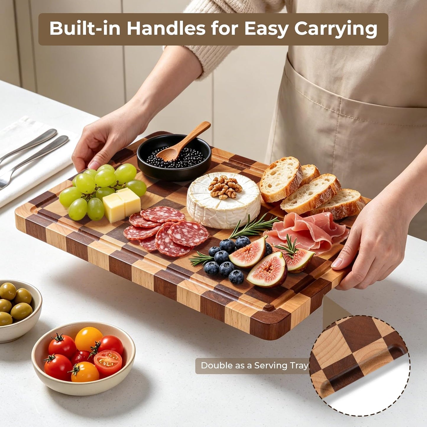 Checkered Cutting Board for Kitchen - Wood Thick Checkerboard End Grain Chopping Board with Handle & Juice Groove, Double Sided for Cooking, Serving and Decor, Rectangular 16" x 12" x 1"