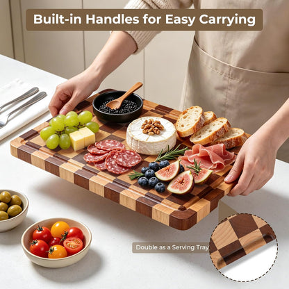 Checkered Cutting Board for Kitchen - Wood Thick Checkerboard End Grain Chopping Board with Handle & Juice Groove, Double Sided for Cooking, Serving and Decor, Rectangular 16" x 12" x 1"