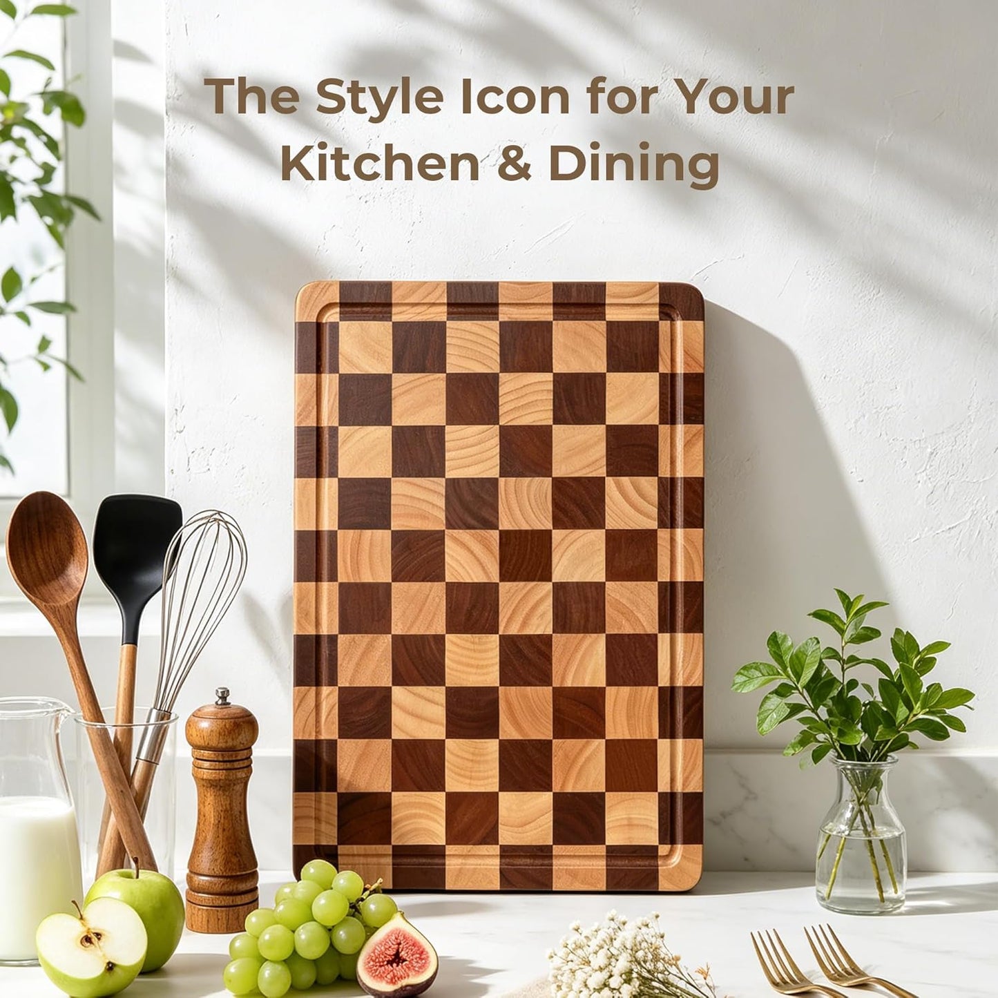 Checkered Cutting Board for Kitchen - Wood Thick Checkerboard End Grain Chopping Board with Handle & Juice Groove, Double Sided for Cooking, Serving and Decor, Rectangular 16" x 12" x 1"