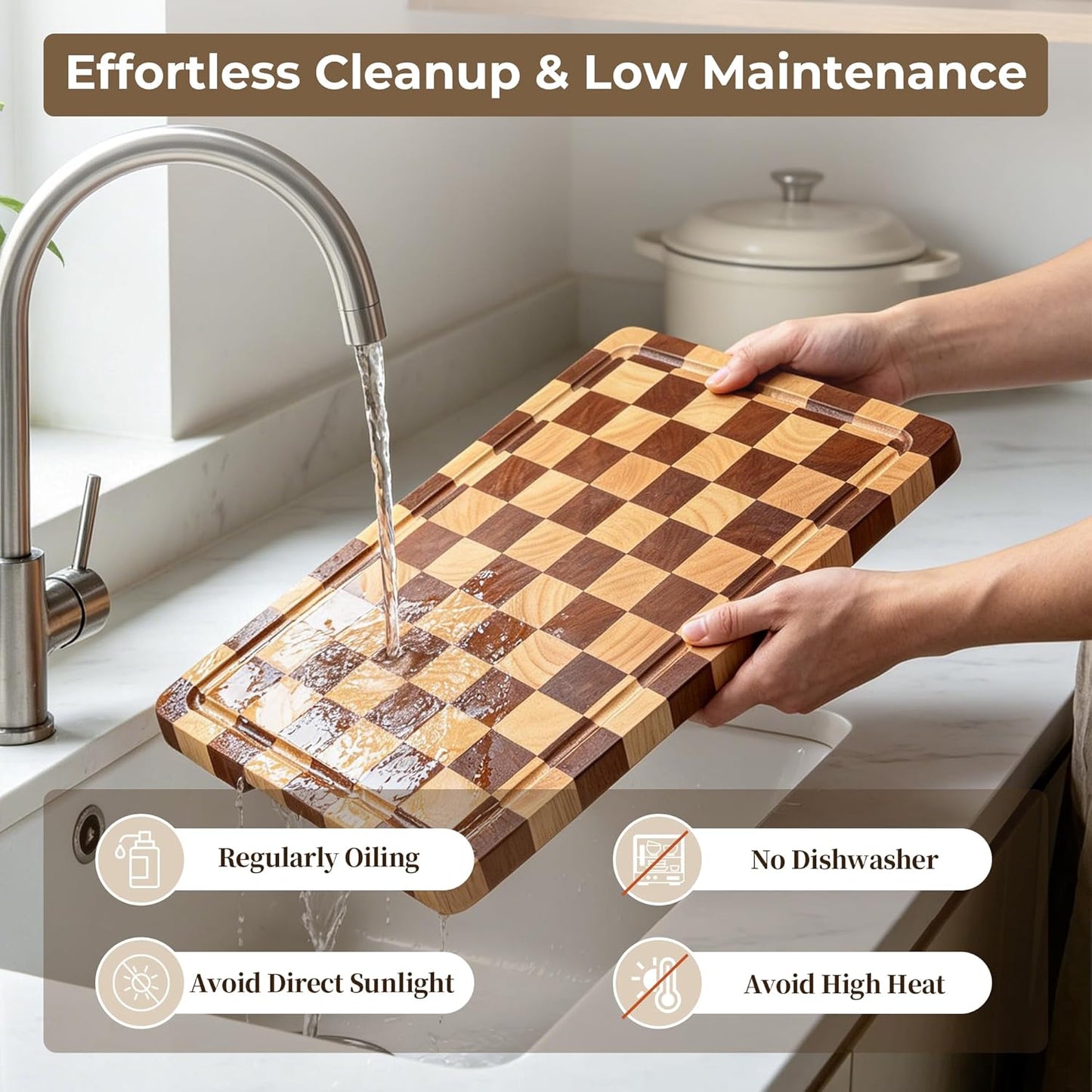 Checkered Cutting Board for Kitchen - Wood Thick Checkerboard End Grain Chopping Board with Handle & Juice Groove, Double Sided for Cooking, Serving and Decor, Rectangular 16" x 12" x 1"