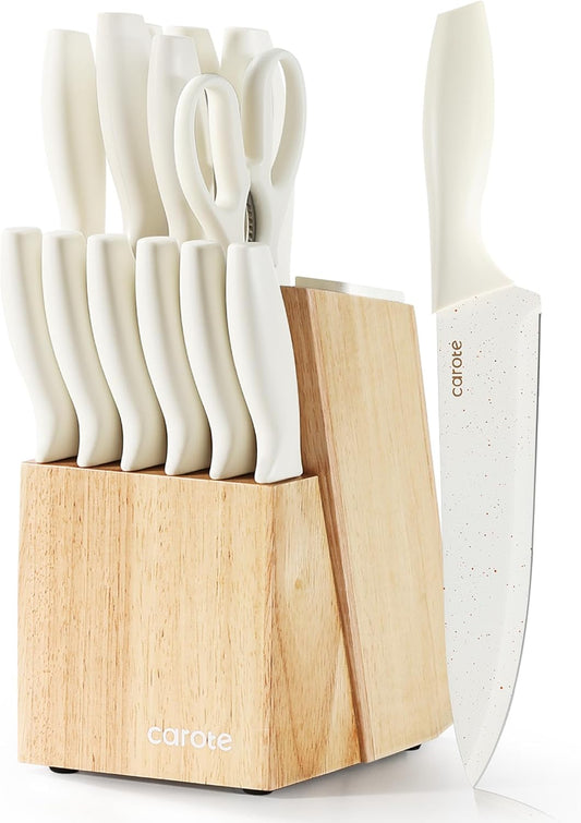 15-Piece Knife Set, Wood Block with Built-In Sharpener, Cream | Stainless Steel Knives, Ceramic Nonstick Coating, Long-Lasting Sharpness, Rust-Resistant, Non-Slip Handles, Dishwasher Safe