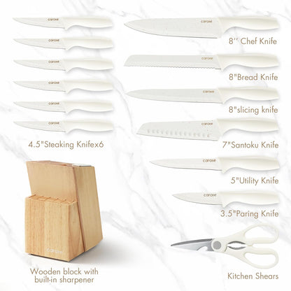 15-Piece Knife Set, Wood Block with Built-In Sharpener, Cream | Stainless Steel Knives, Ceramic Nonstick Coating, Long-Lasting Sharpness, Rust-Resistant, Non-Slip Handles, Dishwasher Safe