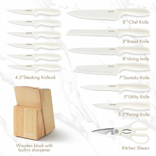 15-Piece Knife Set, Wood Block with Built-In Sharpener, Cream | Stainless Steel Knives, Ceramic Nonstick Coating, Long-Lasting Sharpness, Rust-Resistant, Non-Slip Handles, Dishwasher Safe