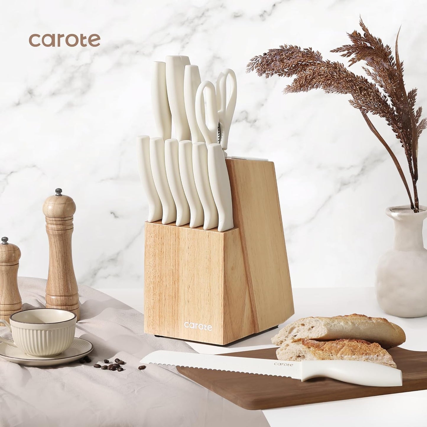 15-Piece Knife Set, Wood Block with Built-In Sharpener, Cream | Stainless Steel Knives, Ceramic Nonstick Coating, Long-Lasting Sharpness, Rust-Resistant, Non-Slip Handles, Dishwasher Safe