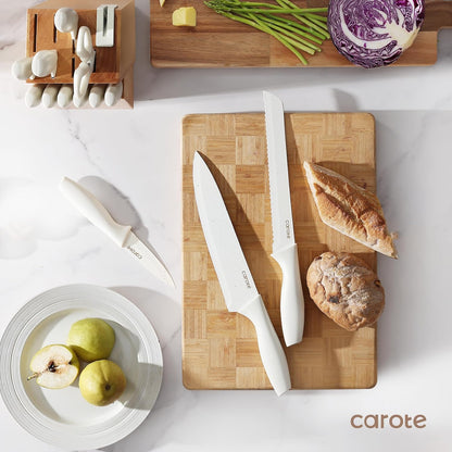 15-Piece Knife Set, Wood Block with Built-In Sharpener, Cream | Stainless Steel Knives, Ceramic Nonstick Coating, Long-Lasting Sharpness, Rust-Resistant, Non-Slip Handles, Dishwasher Safe