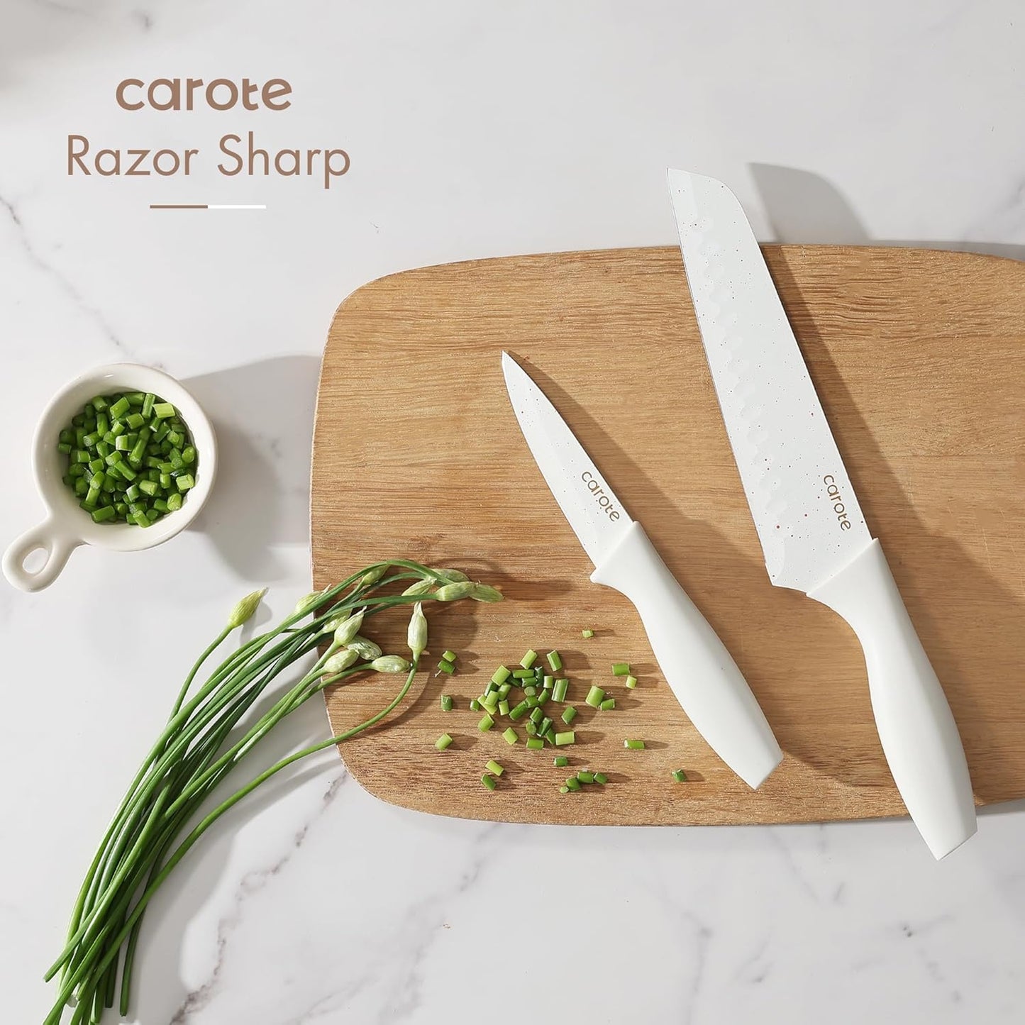 15-Piece Knife Set, Wood Block with Built-In Sharpener, Cream | Stainless Steel Knives, Ceramic Nonstick Coating, Long-Lasting Sharpness, Rust-Resistant, Non-Slip Handles, Dishwasher Safe