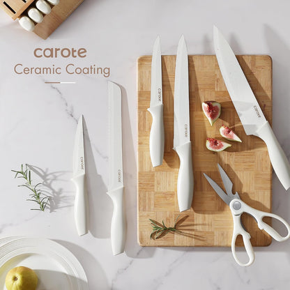 15-Piece Knife Set, Wood Block with Built-In Sharpener, Cream | Stainless Steel Knives, Ceramic Nonstick Coating, Long-Lasting Sharpness, Rust-Resistant, Non-Slip Handles, Dishwasher Safe