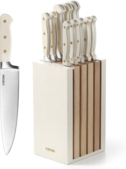 15-Piece Knife Set, Wood Block with Built-In Sharpener, Cream | Stainless Steel Knives, Ceramic Nonstick Coating, Long-Lasting Sharpness, Rust-Resistant, Non-Slip Handles, Dishwasher Safe