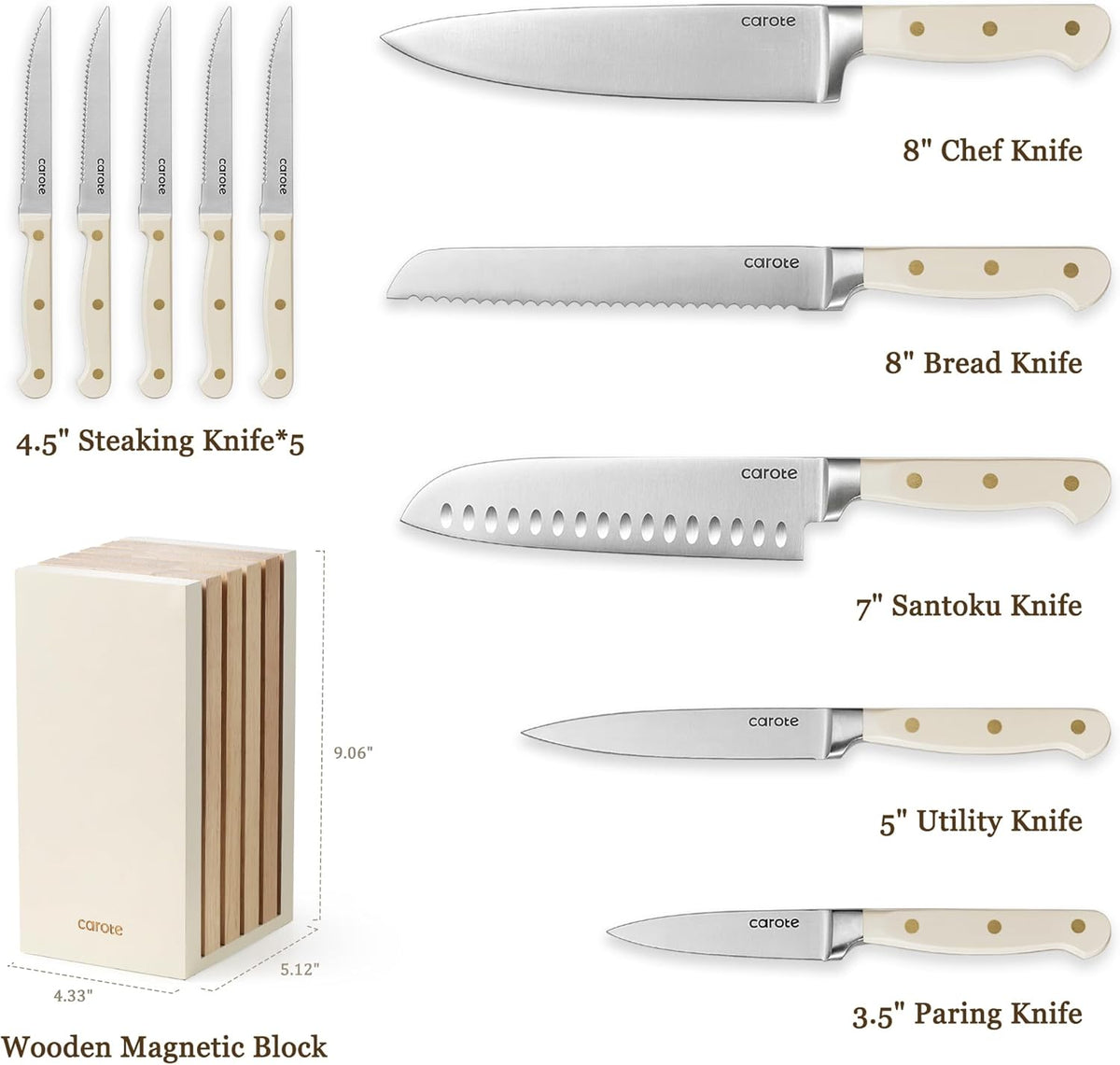 15-Piece Knife Set, Wood Block with Built-In Sharpener, Cream | Stainless Steel Knives, Ceramic Nonstick Coating, Long-Lasting Sharpness, Rust-Resistant, Non-Slip Handles, Dishwasher Safe