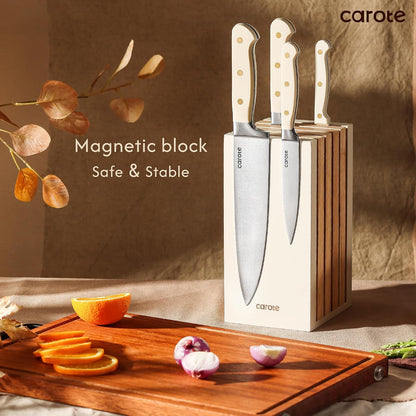 15-Piece Knife Set, Wood Block with Built-In Sharpener, Cream | Stainless Steel Knives, Ceramic Nonstick Coating, Long-Lasting Sharpness, Rust-Resistant, Non-Slip Handles, Dishwasher Safe