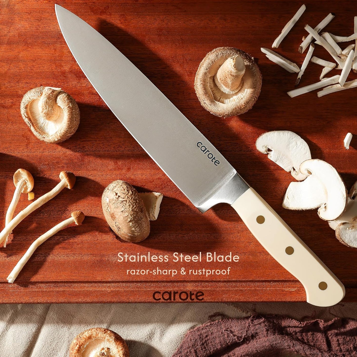 15-Piece Knife Set, Wood Block with Built-In Sharpener, Cream | Stainless Steel Knives, Ceramic Nonstick Coating, Long-Lasting Sharpness, Rust-Resistant, Non-Slip Handles, Dishwasher Safe
