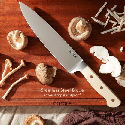 15-Piece Knife Set, Wood Block with Built-In Sharpener, Cream | Stainless Steel Knives, Ceramic Nonstick Coating, Long-Lasting Sharpness, Rust-Resistant, Non-Slip Handles, Dishwasher Safe