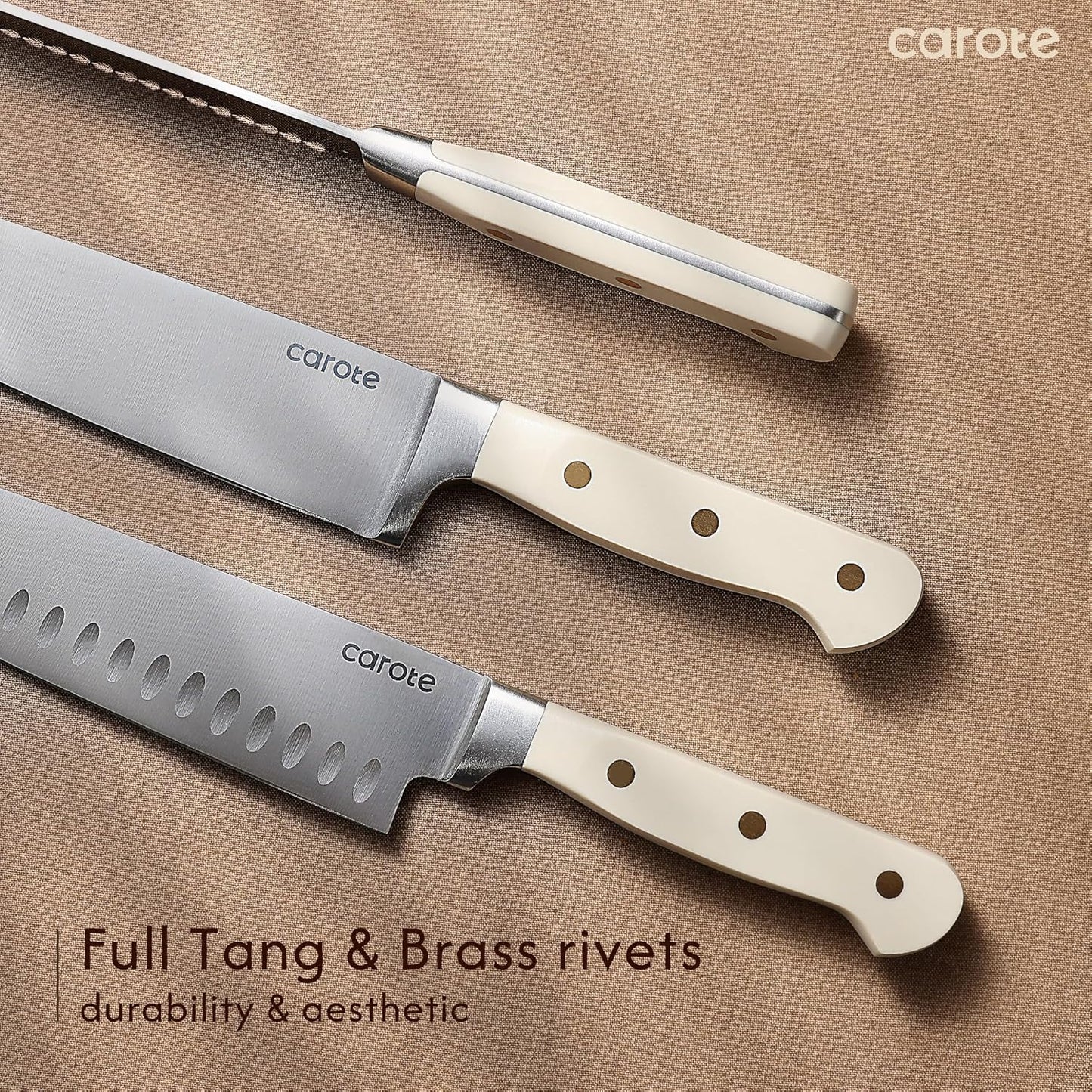 15-Piece Knife Set, Wood Block with Built-In Sharpener, Cream | Stainless Steel Knives, Ceramic Nonstick Coating, Long-Lasting Sharpness, Rust-Resistant, Non-Slip Handles, Dishwasher Safe