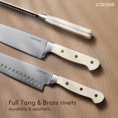 15-Piece Knife Set, Wood Block with Built-In Sharpener, Cream | Stainless Steel Knives, Ceramic Nonstick Coating, Long-Lasting Sharpness, Rust-Resistant, Non-Slip Handles, Dishwasher Safe