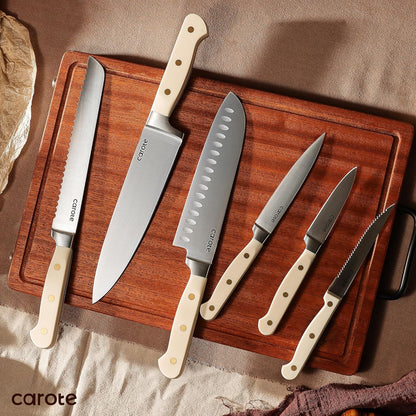 15-Piece Knife Set, Wood Block with Built-In Sharpener, Cream | Stainless Steel Knives, Ceramic Nonstick Coating, Long-Lasting Sharpness, Rust-Resistant, Non-Slip Handles, Dishwasher Safe