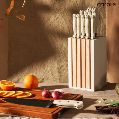 15-Piece Knife Set, Wood Block with Built-In Sharpener, Cream | Stainless Steel Knives, Ceramic Nonstick Coating, Long-Lasting Sharpness, Rust-Resistant, Non-Slip Handles, Dishwasher Safe