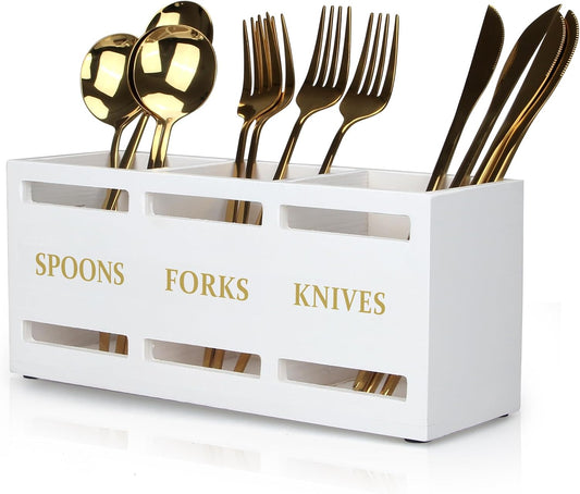 Wood Flatware Silverware Caddy White Cutlery Holder Kitchen Utensils Holder for Party Wooden Silverware Organizer for Countertop Knife Spoon and Fork Holder Table Utensil Caddy Organizer