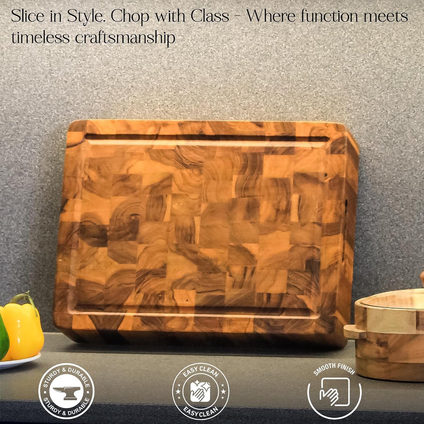 Extra Thick End Grain Wood Cutting Board – Heavy-Duty Butcher Block for Kitchen & Restaurants, 4-Inch Chopping Board with Juice Groove, christmas,new year, thanksgiving