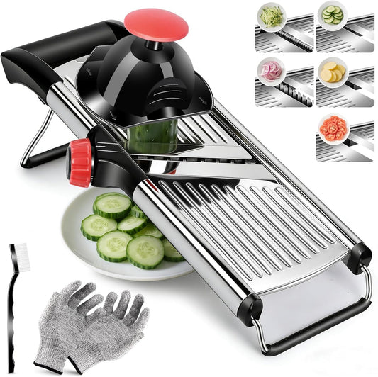 Adjustable Mandoline Slicer, Thin to 9mm Slice, 4.5mm & 9mm Julienne - Vegetable Cutter for Potato Carrot Onion - Stainless Steel - with Glove & Brush (Red)