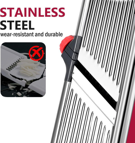 Adjustable Mandoline Slicer, Thin to 9mm Slice, 4.5mm & 9mm Julienne - Vegetable Cutter for Potato Carrot Onion - Stainless Steel - with Glove & Brush (Red)