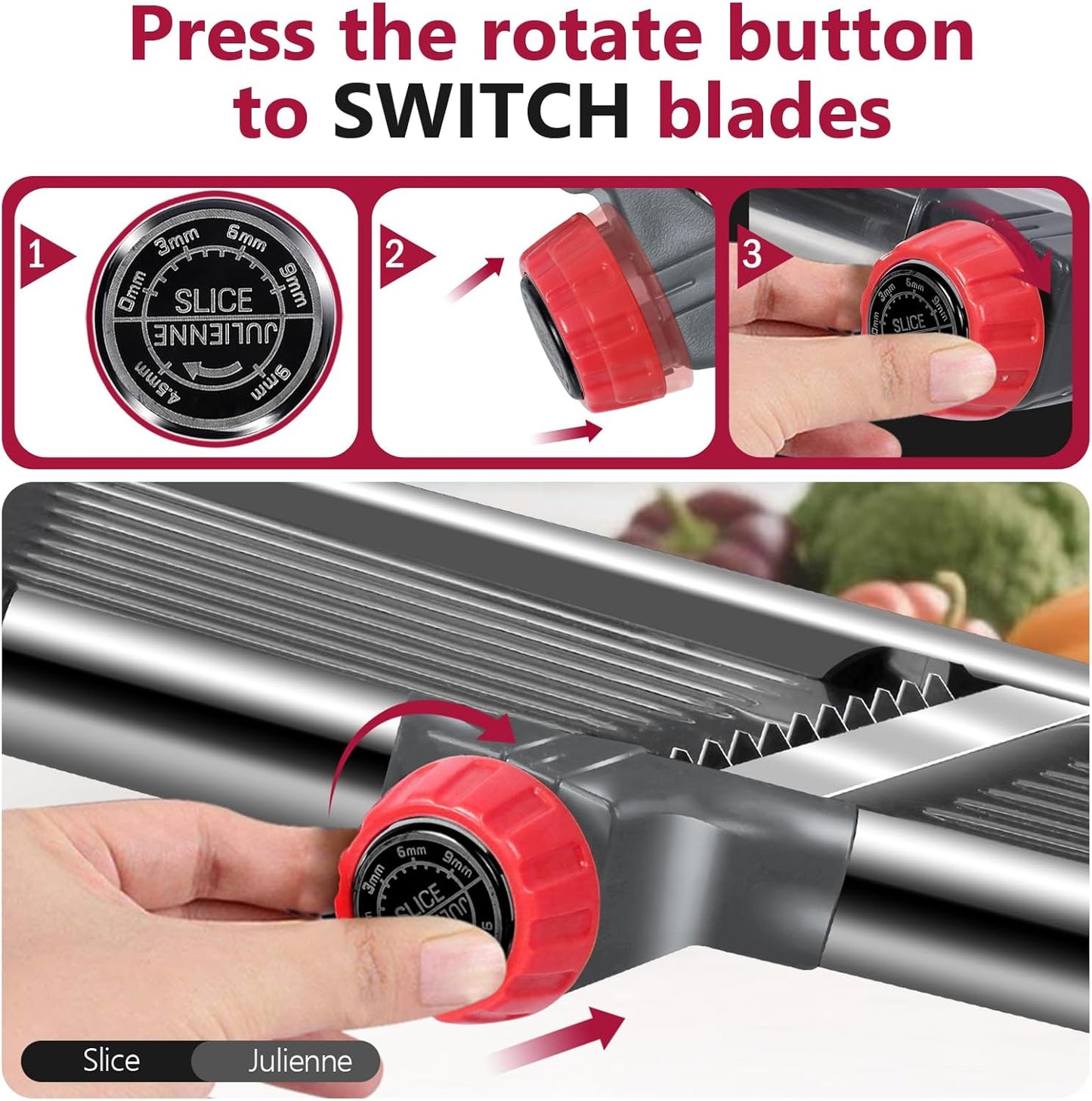 Adjustable Mandoline Slicer, Thin to 9mm Slice, 4.5mm & 9mm Julienne - Vegetable Cutter for Potato Carrot Onion - Stainless Steel - with Glove & Brush (Red)