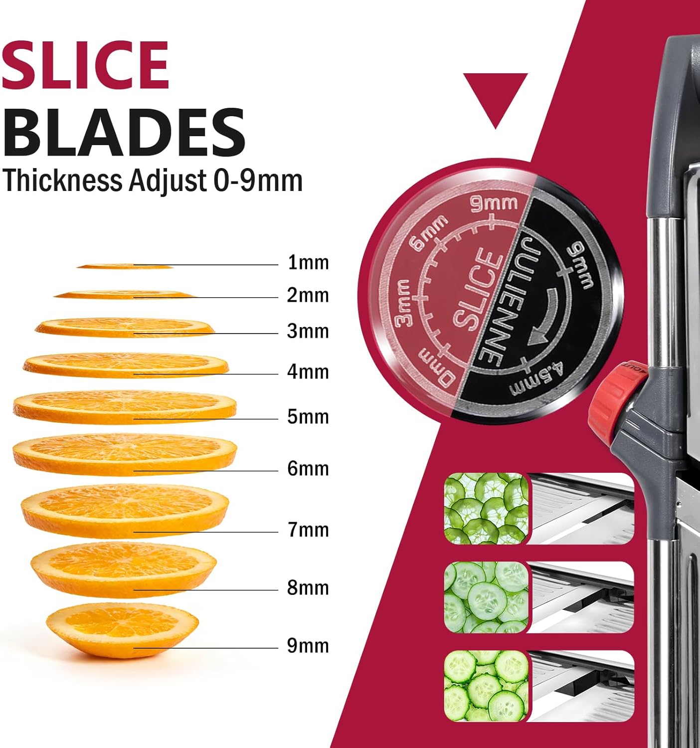 Adjustable Mandoline Slicer, Thin to 9mm Slice, 4.5mm & 9mm Julienne - Vegetable Cutter for Potato Carrot Onion - Stainless Steel - with Glove & Brush (Red)