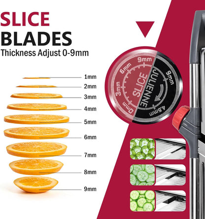 Adjustable Mandoline Slicer, Thin to 9mm Slice, 4.5mm & 9mm Julienne - Vegetable Cutter for Potato Carrot Onion - Stainless Steel - with Glove & Brush (Red)