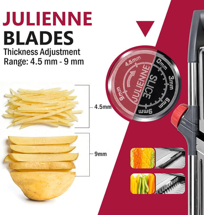 Adjustable Mandoline Slicer, Thin to 9mm Slice, 4.5mm & 9mm Julienne - Vegetable Cutter for Potato Carrot Onion - Stainless Steel - with Glove & Brush (Red)