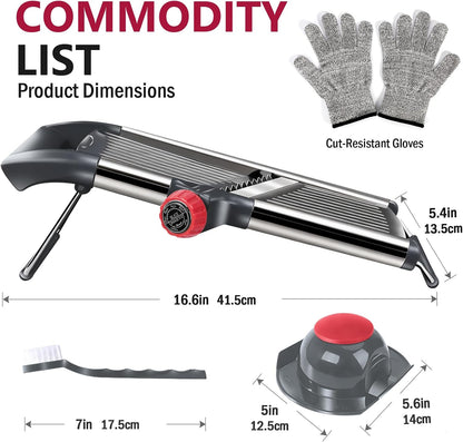 Adjustable Mandoline Slicer, Thin to 9mm Slice, 4.5mm & 9mm Julienne - Vegetable Cutter for Potato Carrot Onion - Stainless Steel - with Glove & Brush (Red)