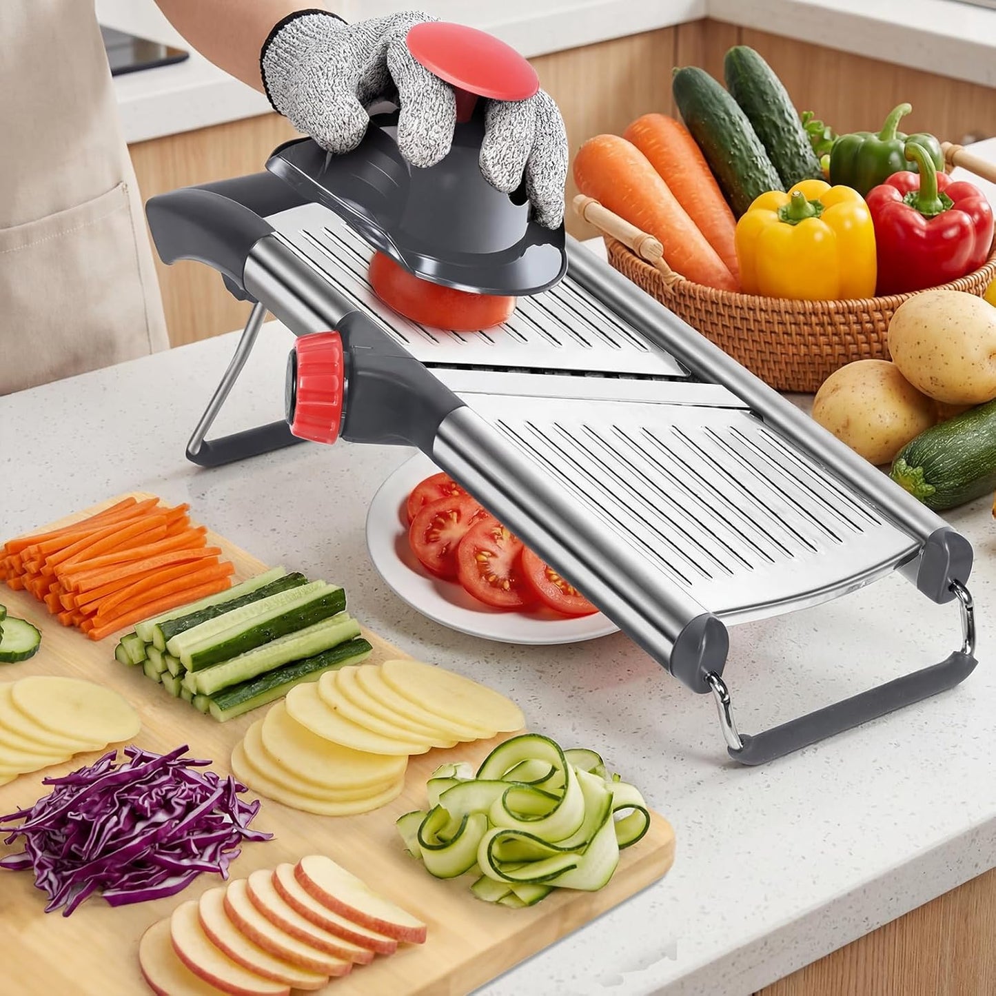 Adjustable Mandoline Slicer, Thin to 9mm Slice, 4.5mm & 9mm Julienne - Vegetable Cutter for Potato Carrot Onion - Stainless Steel - with Glove & Brush (Red)