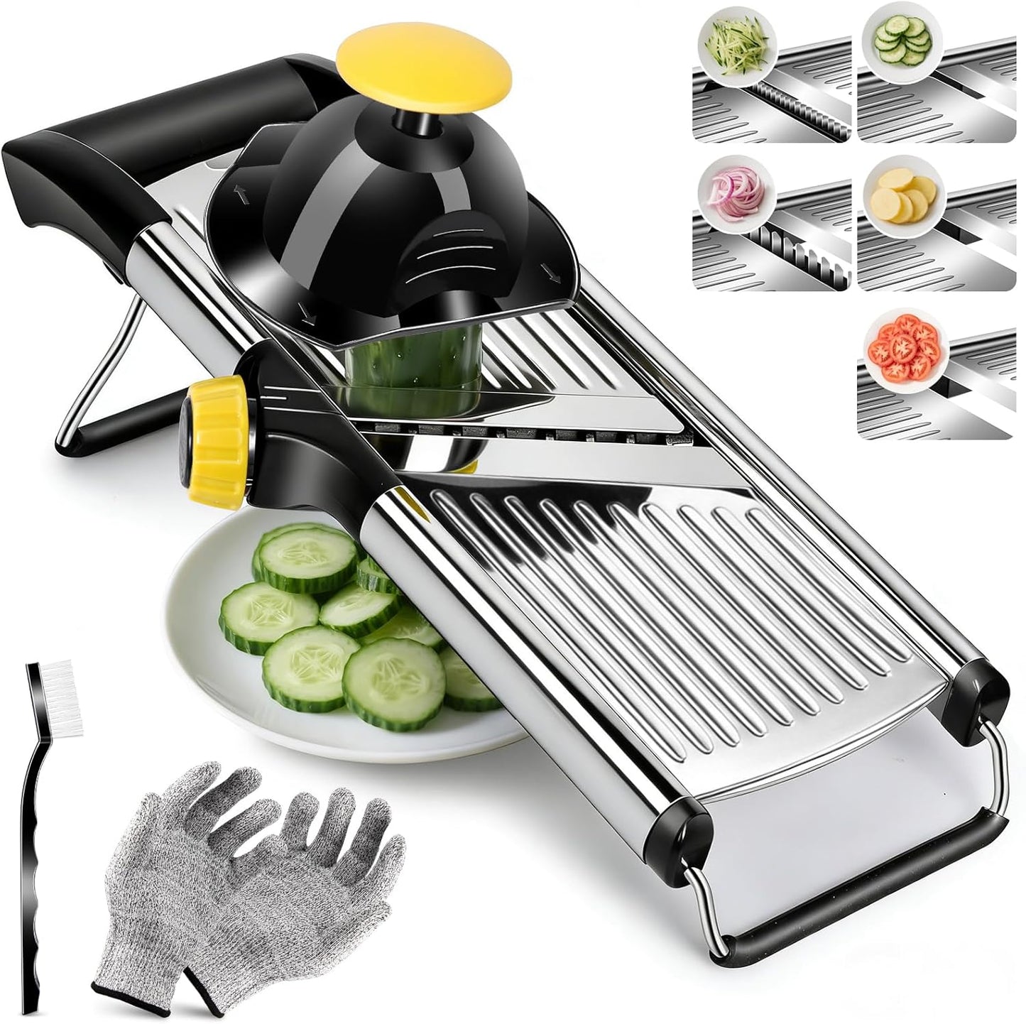 Adjustable Mandoline Slicer, Thin to 9mm Slice, 4.5mm & 9mm Julienne - Vegetable Cutter for Potato Carrot Onion - Stainless Steel - with Glove & Brush (Red)