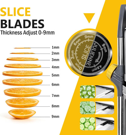 Adjustable Mandoline Slicer, Thin to 9mm Slice, 4.5mm & 9mm Julienne - Vegetable Cutter for Potato Carrot Onion - Stainless Steel - with Glove & Brush (Red)